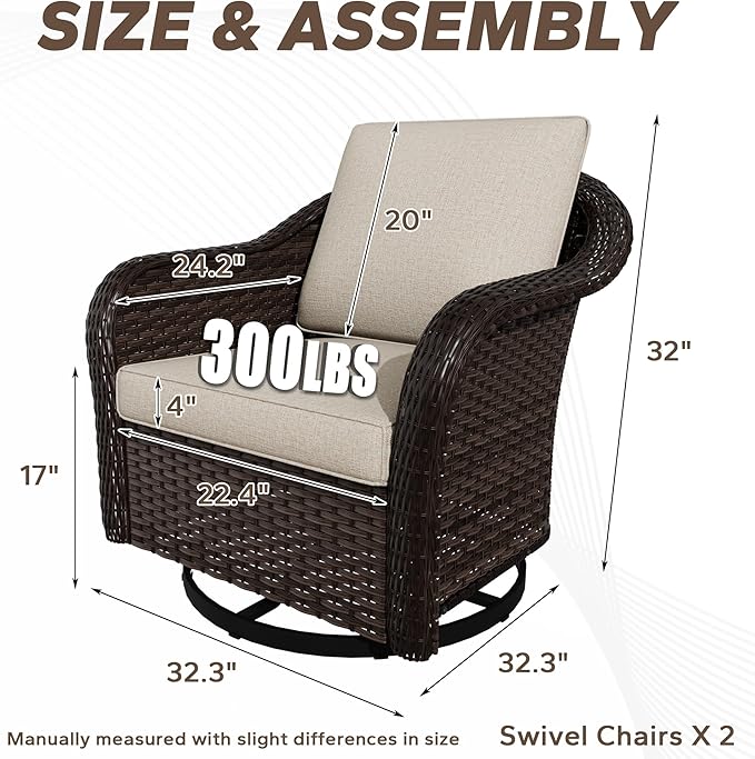 Outdoor Wicker 360 Degree Swivel Glider Rocker Chairs Set, Patio Conversation Furniture Set with Washable Cushions for Garden, Poolside (Beige)