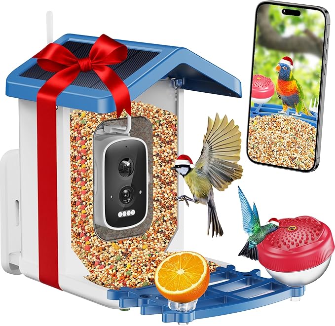 Bird Feeder with Camera, 2.5K UHD, AI Bird Species Recognition, Solar Powered, Instant Arrival Alerts, Weatherproof Squirrel-Proof Birdhouse with WiFi App Live View, 32GB Card & Accessories Included