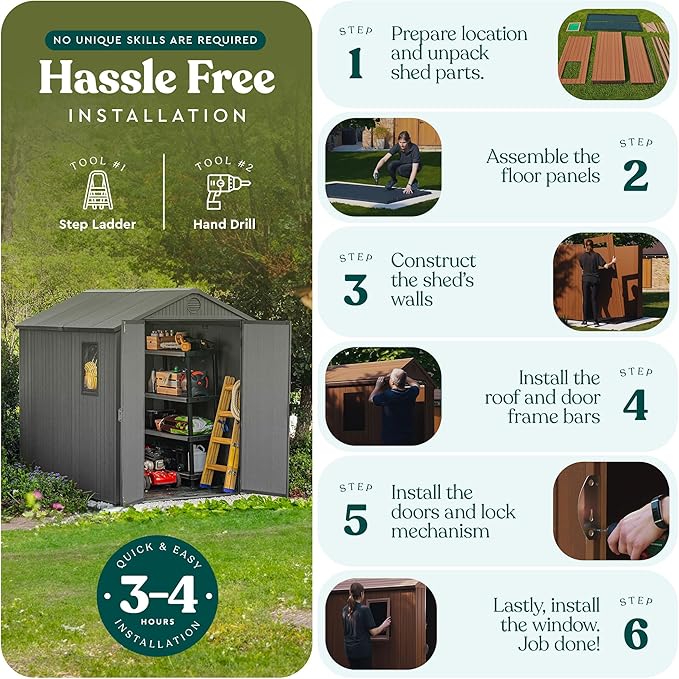 Keter Outdoor Storage Tool Shed, for House, Patio & Yard, Darwin, 6 x 8 Ft, Graphite Gray - Portable and Lockable Resin Utility Organizer for Backyard, Pool, Garden or Lawn Organization
