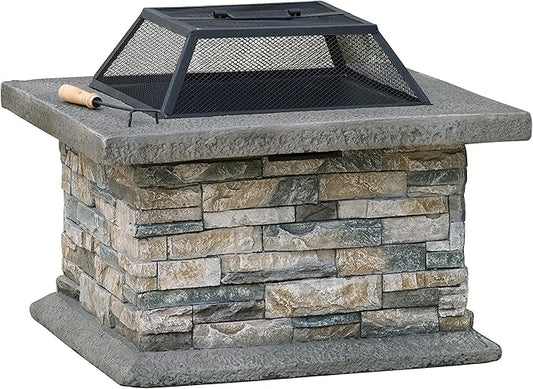 29 Inch Outdoor Fire Pit Table, Wood Burning Fire Pit for Patio with Spark Screen, Fire Poker, MGO Square Fireplaces for Camping, Garden, Backyard, Bonfire Party, Stone Gray