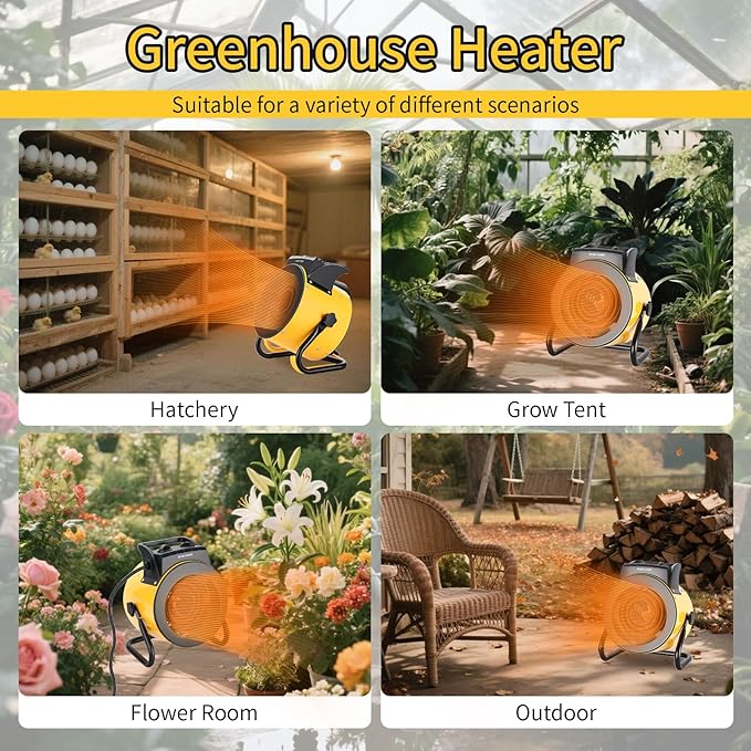 Greenhouse Heater with Digital Thermostat, 1500W Electric Outdoor Heater, Overheat Protection, Fast Heating, Waterproof for Grow Tent, Green House, Patio, Yellow