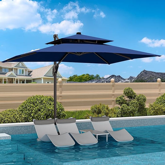 9' X 12' Cantilever Patio Umbrella Double Top Rectangular Outdoor Large Offset Umbrellas with 7 Tilts Adjustable 360°Rotation for Deck Pool Garden Backyard, Navy