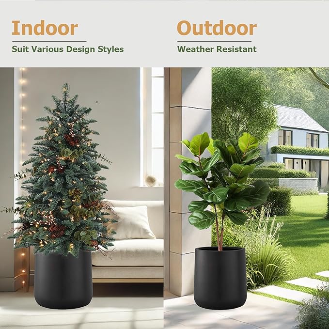 15.3"H x 15"D Conico Fiberstone Round Planter - Christmas Tree Planter, Smooth Finishes, Weather Resistant for Indoor and Outdoor Use, Included 2 Extra Coco Mats (Black, 11.7" Pot Opening)