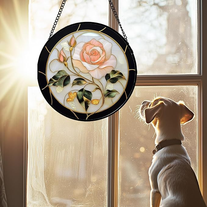 AMDERVEN Stained Glass Window Hanging - Black White Pink Rose Sun Catcher for Door Home Decor Flower Suncatcher Christmas Mother's Day Birthday Gifts for Women Men Lovers Mom Nana 7.8 in
