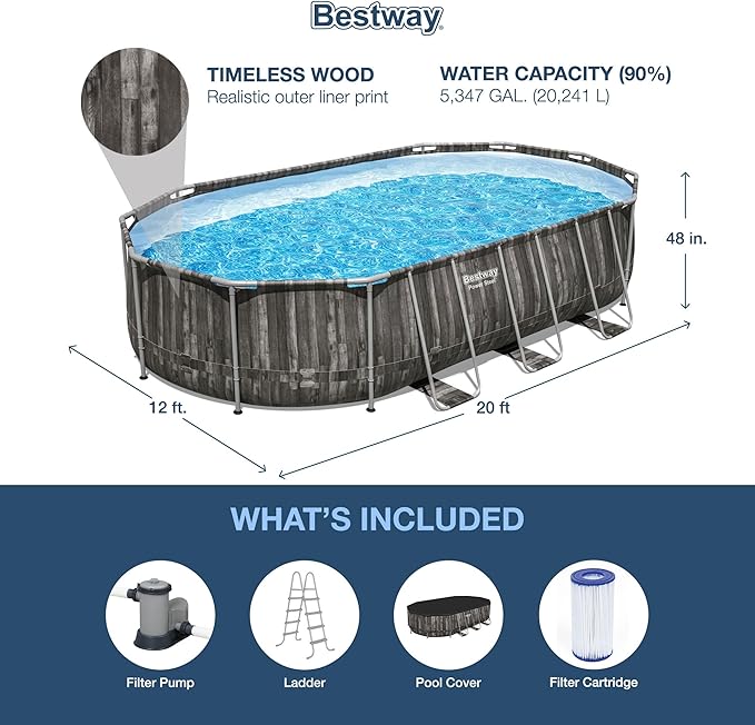 Bestway Power Steel 20' x 12' x 48" Oval Metal Frame Above Ground Outdoor Swimming Pool Set with 1500 GPH Filter Pump, Ladder, and Pool Cover