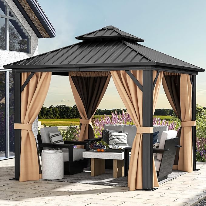 DWVO 10x10ft Hardtop Gazebo Double Roof Heavy Duty Galvanized Steel with Nettings and Curtains, for Patio, Backyard, Deck, Lawns, Brown