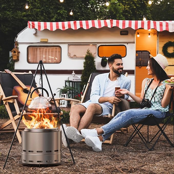 ROOMTEC 15" Smokeless Fire Pit, Portable Outdoor Firepit with Stand and Bag, Easy Clean Wood Burning Fireplaces with Removable Ash Pan, Low Smoke Bonfire for Camping, Patio and Outside