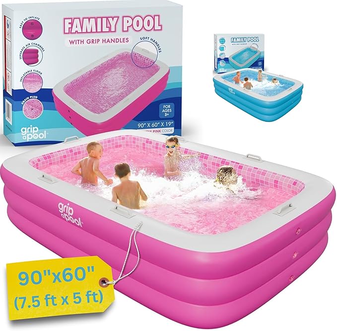 Inflatable for Kids and Adults 90"x60" (7.5'x5') with Soft Padded Floor, Handles and Drain, Kiddie Swimming Pool, Big Blow Up Backyard Pool for Ages 3+, Playful - Pink