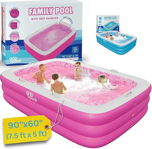 Inflatable for Kids and Adults 90"x60" (7.5'x5') with Soft Padded Floor, Handles and Drain, Kiddie Swimming Pool, Big Blow Up Backyard Pool for Ages 3+, Playful - Pink