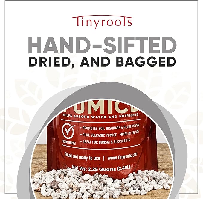 Tinyroots Horticultural Pumice for Plants - Bonsai Outlet Soil Additive for Succulents, Cactus, Bonsai & Other Plants - 100% Pure Volcanic Rocks, 1/4 inch Soil Additive, 2.25 Quarts