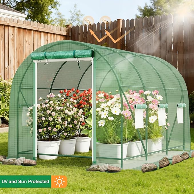 11.4x6.5x6.5 FT Greenhouse, Large Walk-in Green Houses for Outside, Tunnel Greenhouse with Thicken PE Cover with Mesh Door and 6 Ventilation Windows