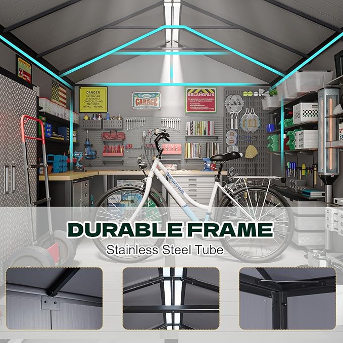 MELLCOM 8 x 8 FT Outdoor Storage Tool Shed with Floor, Resin Storage Shed with Windows and Lockable Door for Bike, Lawnmower, Pool Supply