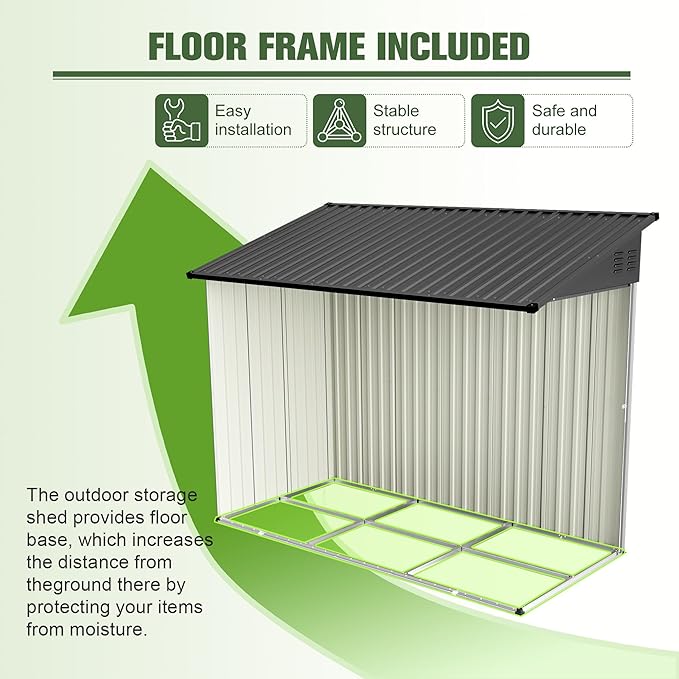 4x8 FT Lean to Metal Shed,Outdoor Storage Shed W/Floor Frame & Reversible Installation,All Weather Waterproof Garden Tool House W/Lockable Door & 2 Air Vents,for Backyard,Patio,Lawn,Black
