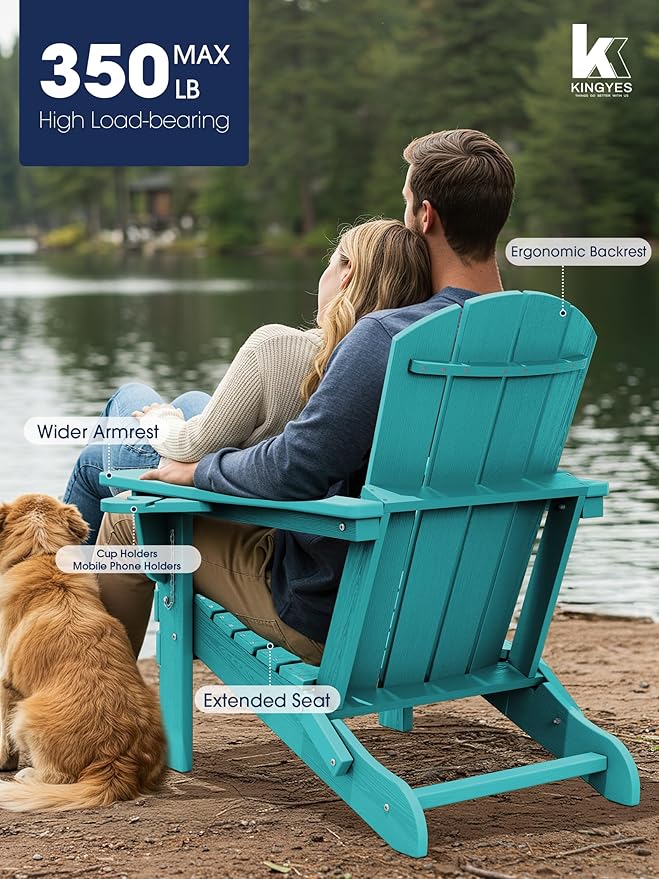 KINGYES Folding Adirondack Chair Set of 6, Dual Cup Holders & All-Weather HDPE, Wood-Like Patio Chair for Backyard, Camping, Pool & Fire Pit, Aruba