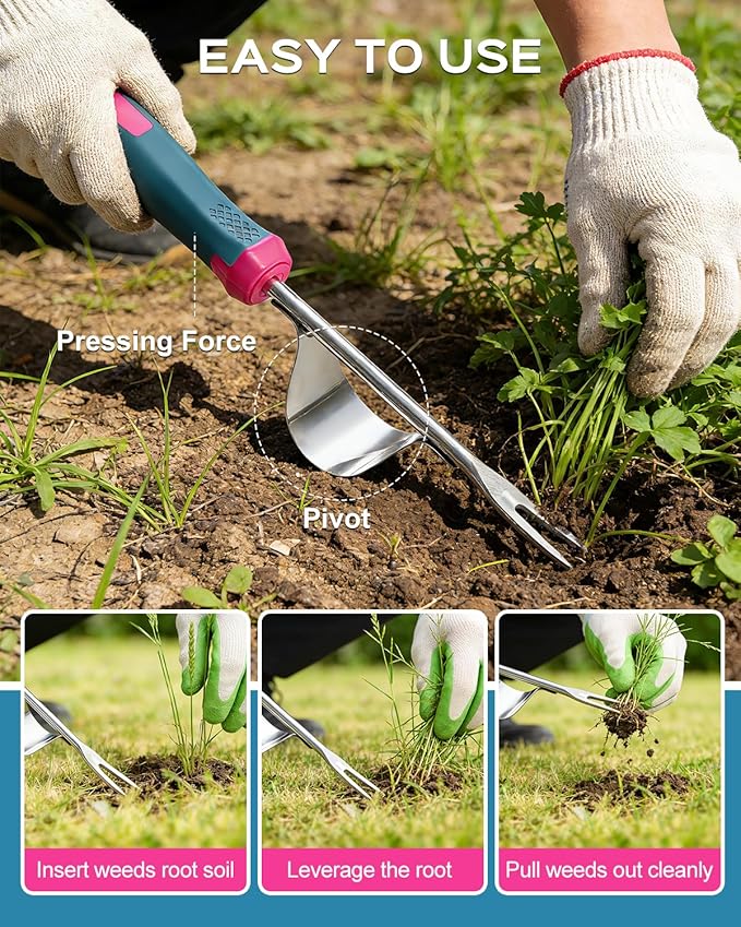 Weed Puller Tool Set, Stainless Steel Garden Weed Pullers & Hand Weeder Tool for Cracks, Crevices & Driveways, Ergonomic Non-Slip Handle Weed Remover & Crack Weeder Tool Kit (Weeder Tools set-3PC)