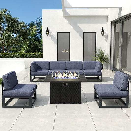 7 Pieces Aluminum Patio Furniture Set with Propane Gas 44" Fire Pit Table, Metal Outdoor Conversation Sofa Set with Seating Cushions