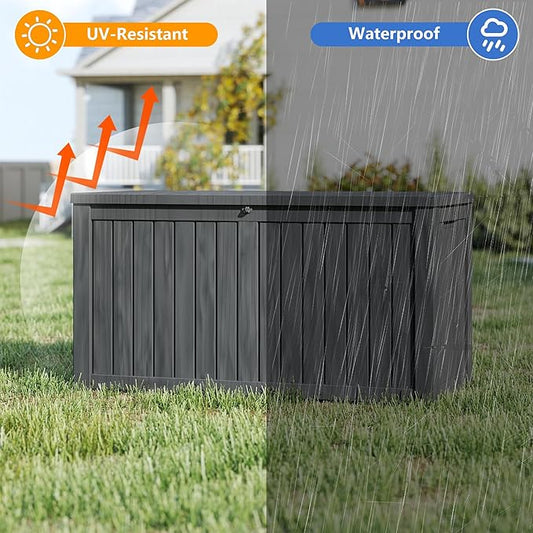 320 Gallon Outdoor Storage Box Waterproof, Resin Deck Boxes with Lockable Lid & UV-Resistant for Patio, Pool, Garden Furniture Cushions & Accessories, Black