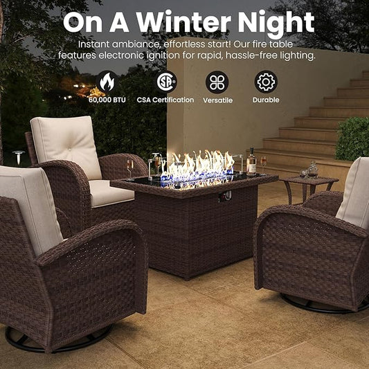Rectangular Fire Pit Table, 44 inch Propane Gas Fire Pit with Glass Rocks, Wind Guard Glass Shield, Waterproof Cover for Outside Patio Backyard Deck Balcony