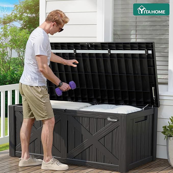 YITAHOME 120 Gallon Large Deck Box with X-Shaped Front, Resin Outdoor Storage Boxes, Waterproof Cushion Storage Bench for Patio, Pool Supplies, Garden Tools - Lockable, Black