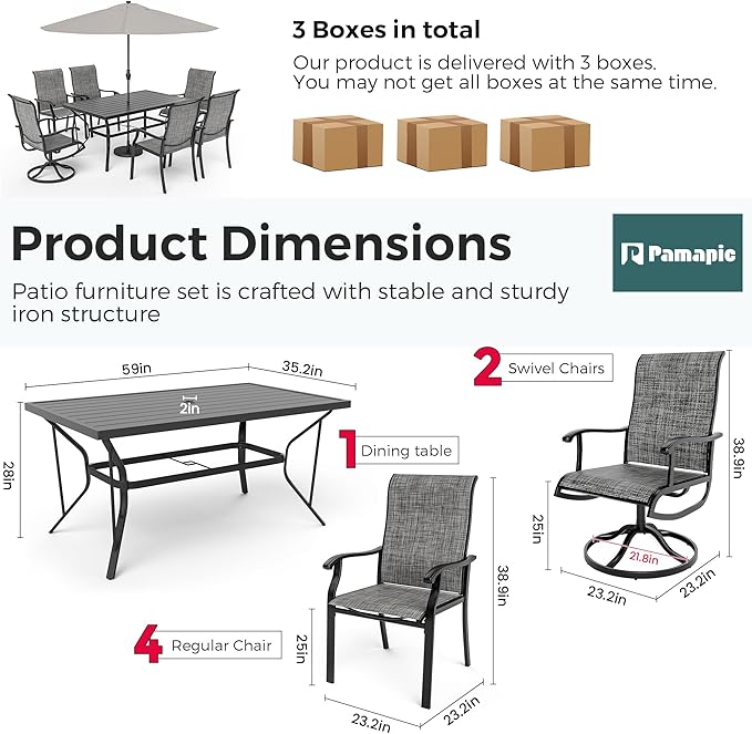 Pamapic 7-Piece Outdoor Dining Set, Patio Dining Set for 6, All-Weather Outdoor Patio Set with 2 Textilene Swivel Chairs & 4 Regular Chairs for Garden, Poolside, Deck，Gray