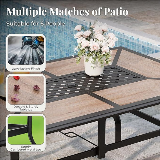 Outdoor Patio Dining Set 7 Piece Furniture Set with 6 Brown Textilene Chairs and Wood-Like Table Top Rectangular Table for Deck Garden Backyard Lawn Poolside