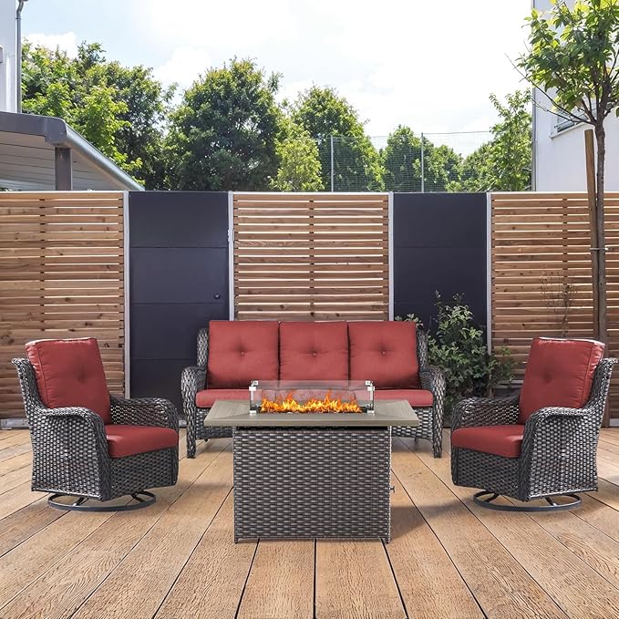 4 Piece Patio Furniture-with 50,000 BTU Gas Propane Fire Pit Table Outdoor Patio Furniture with Swivel Rocker Chairs,Outdoor Couch