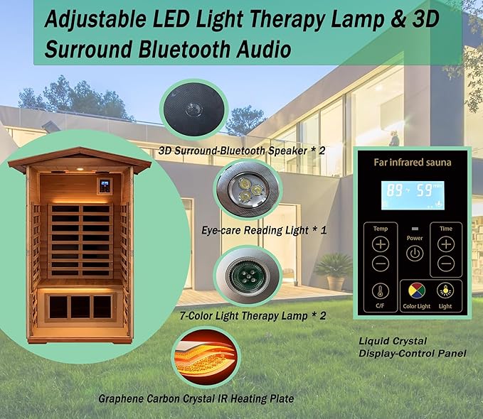 LTCCDSS Mahogany Outdoor Sauna 1 Person, Ultra-Low EMF Far Infrared Sauna for Home, Chromotherapy, Bluetooth Speaker