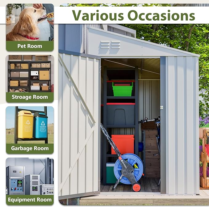 4x7 FT Metal Outdoor Storage Shed, Lean-to Garden Tool and Bike Shed with Lockable Door and Air Vents, Waterproof Sloped Roof Steel Utility Shed for Backyard, Patio, Lawn Equipment, White