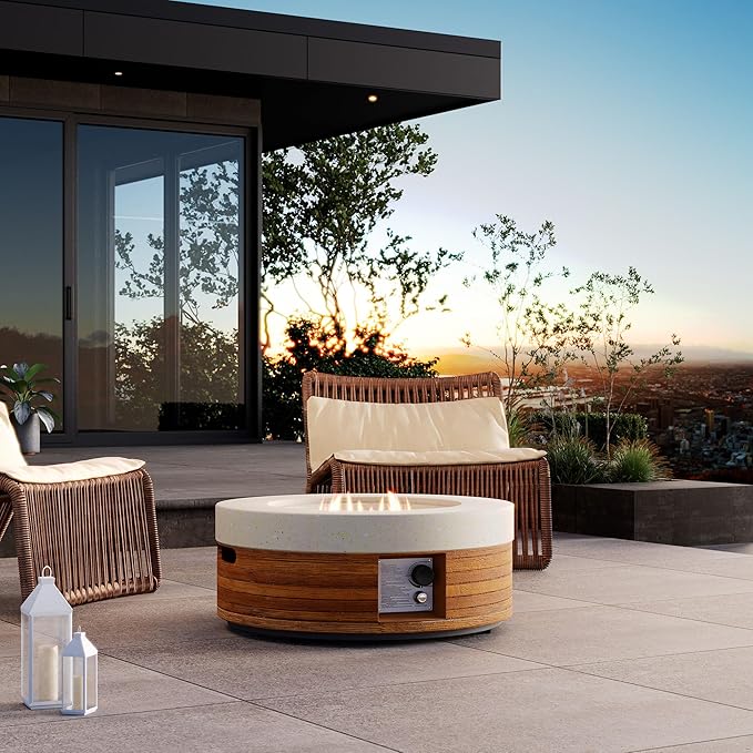 COSIEST 28" Outdoor Propane Fire Pit Table, Small Round Gas Fire Pit Table with Concrete & Log Wood Grain Design, 50000BTU Fire Tables for Patio, Backyard, Garden Heating