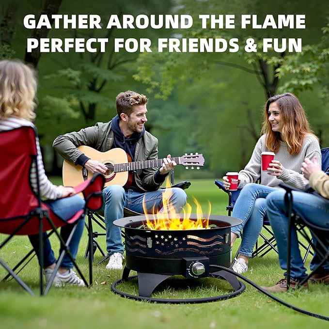 24 Inch Portable Propane Fire Pit with Grill, 60000 BTU Outdoor Gas Firepit with Lava Rocks & Adjustable Flame, Smokeless Gas Firebowl for Backyard, Camping & Gatherings