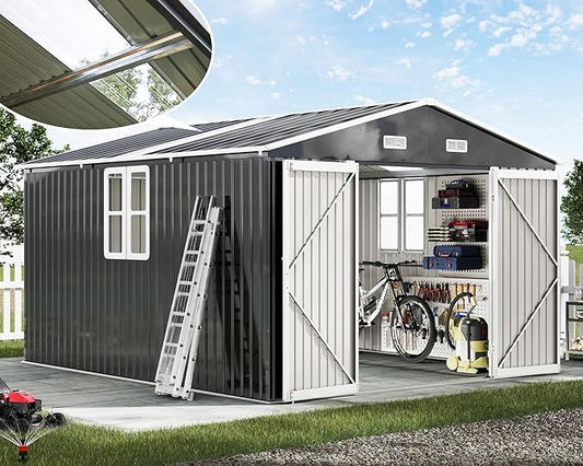 AMERLIFE 10x12x7 FT Outdoor Storage Shed with 2 Transparent Panels, Metal Garden Shed with Hinged Double Doors, 2 Windows & 4 Vents, Reinforced Steel Frame for Backyard, Garden, Dark Gray