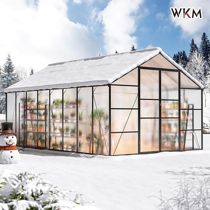 WKM 10x16 FT Greenhouse for Outdoors, Polycarbonate Greenhouse with Roof Vent and Quick Setup Structure, Enhanced Aluminum Green House for Garden Backyard, Black