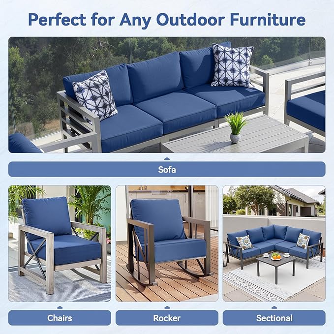 6" Thick Outdoor Cushions 24x24x6, 2-Set Deep Seat Patio Cushions with Removable Cover, Waterproof & Fade Resistant Replacement for Wicker Chair, Loveseat, Sofa - Blue