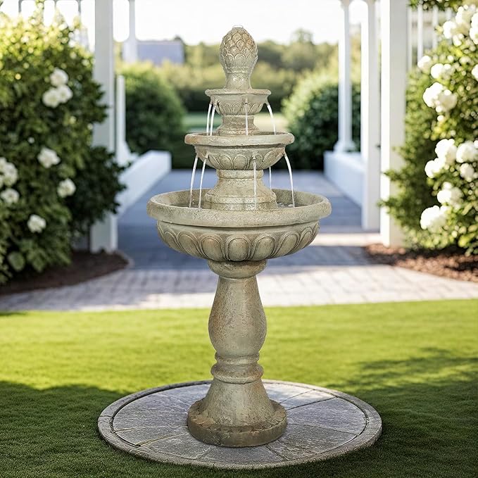 ourrco 42.5" H Traditional Outdoor Water Fountain with Pineapple Finial – Classic Garden Décor with Flowing Cascade and Antique Stone Finish for Patios, Lawns, and Courtyards