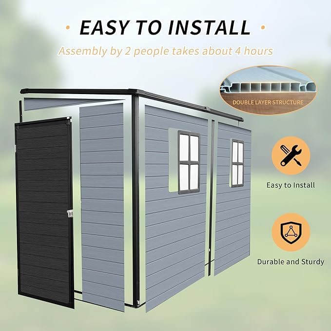 4x8FT Resin Outdoor Storage Shed with Floor and 2 Windows,Waterproof Plastic Sheds with Lockable Doors,Outside Garden Tools Sheds for Backyard Patio,Gay+Black