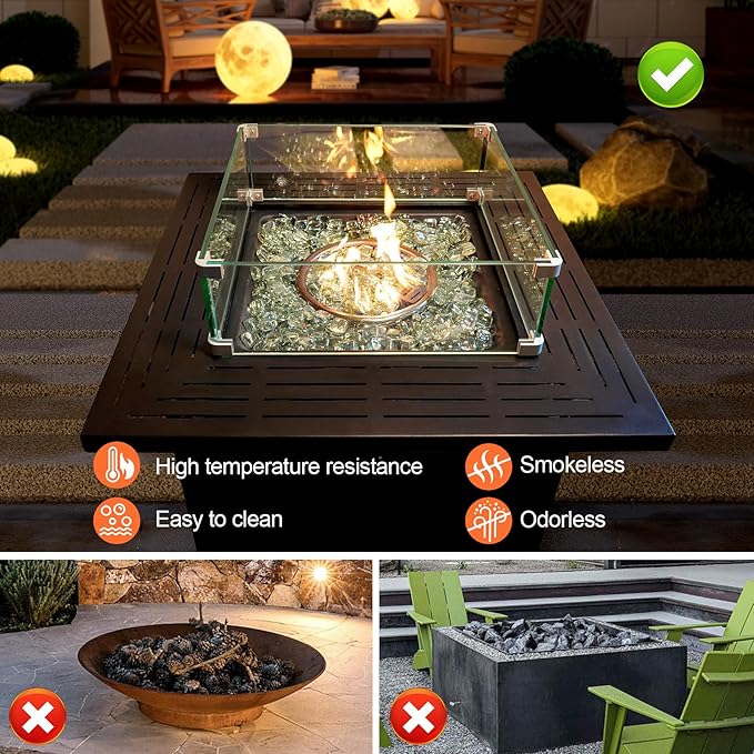GasSaf Crystal Ice Fire Glass Cubes for Outdoor Fire Pit, Fireplace, Replaces Existing Gas Logs & Lava Rocks, 1 Inch Glass(10 Pound)(Crystal Ice Luster)