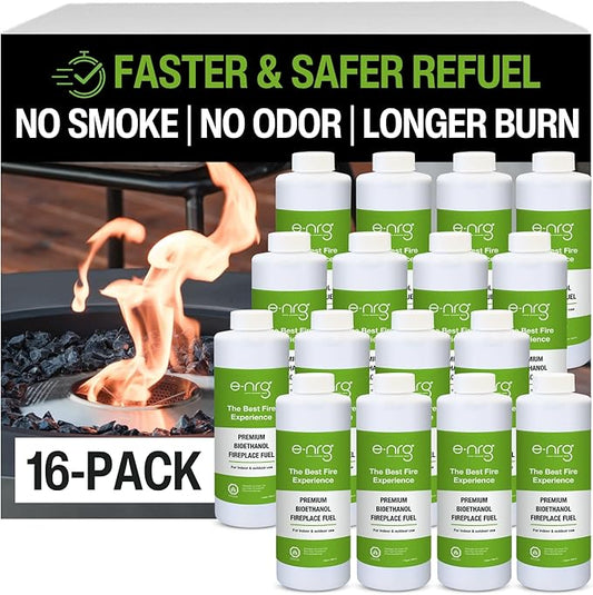 16 QUARTS Odorless, Smoke-Free Ethanol Fireplace Fuel | Best Flame, Fast Pour, Long Burn, Safety-Tested, Made in USA | Bio Ethanol Fuel for Fire Fire Pit Ethanol Fireplace | e-NRG Bioethanol