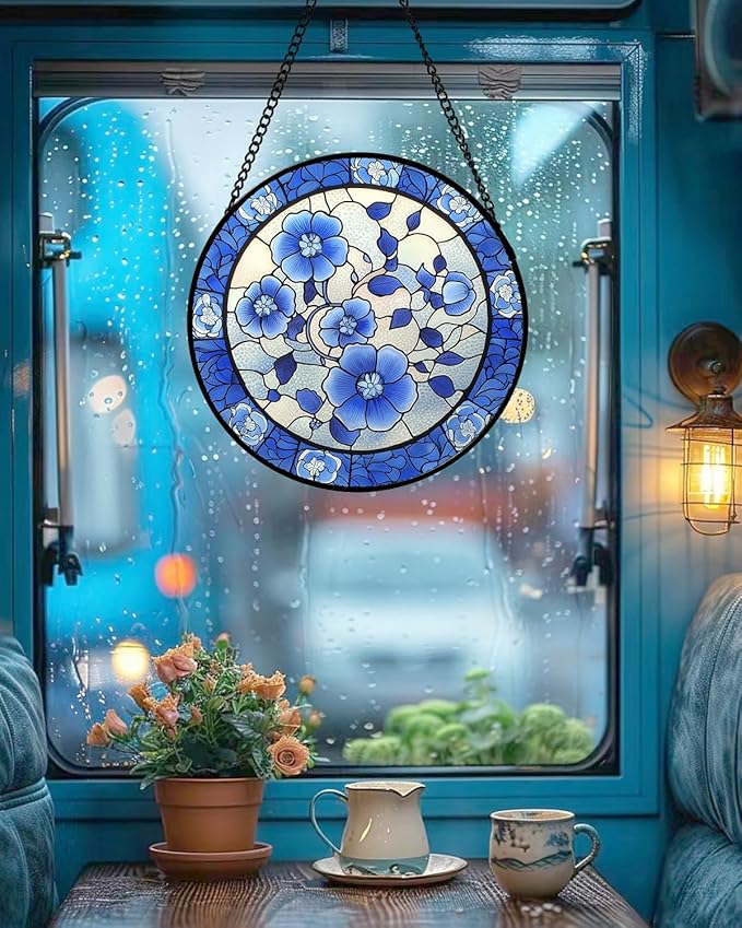 AMDERVEN Stained Glass Window Hanging, Blue and White Plum Blossom Sun Catcher for Door Home Decor Flowers Suncatcher Christmas Mother's Day Birthday Gifts for Women Men Mom and Nana 6.3 in