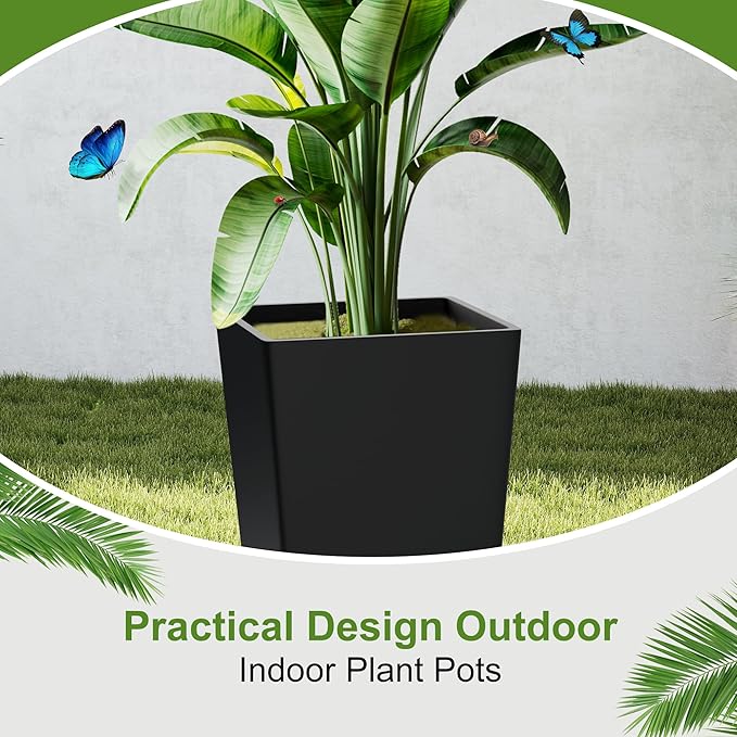 24" Tall Planters for Outdoor Plants, Set of 2 Large Outdoor Planters for Front Porch Decor with Drainage Hole, Front Porch Decor (Black)