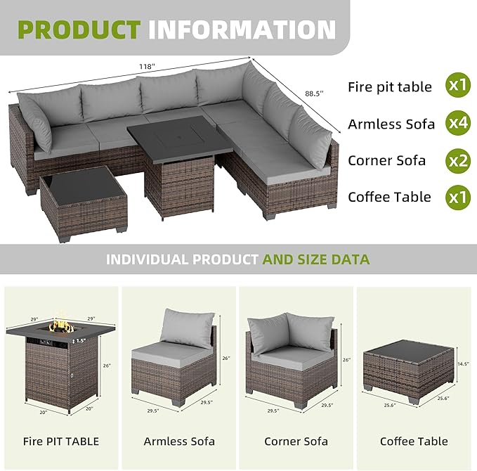 7/8-Piece Patio Conversation Set with Fire Pit Table, Outdoor All-Weather Rattan Sofa Sectional, Handwoven Wicker Furniture for Backyard, Easy Assembly & Weather-Resistant Design