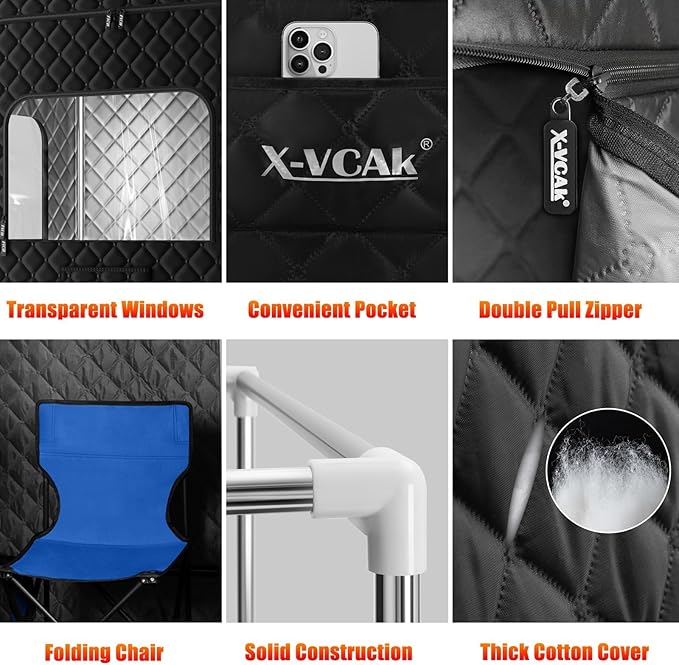 Upgraded 2 Person Sauna Box, Extra Large Sauna Box, Portable Sauna Tent with 2 Steamers, 2 Folding Chair, 71”x 49”x 36”, Black