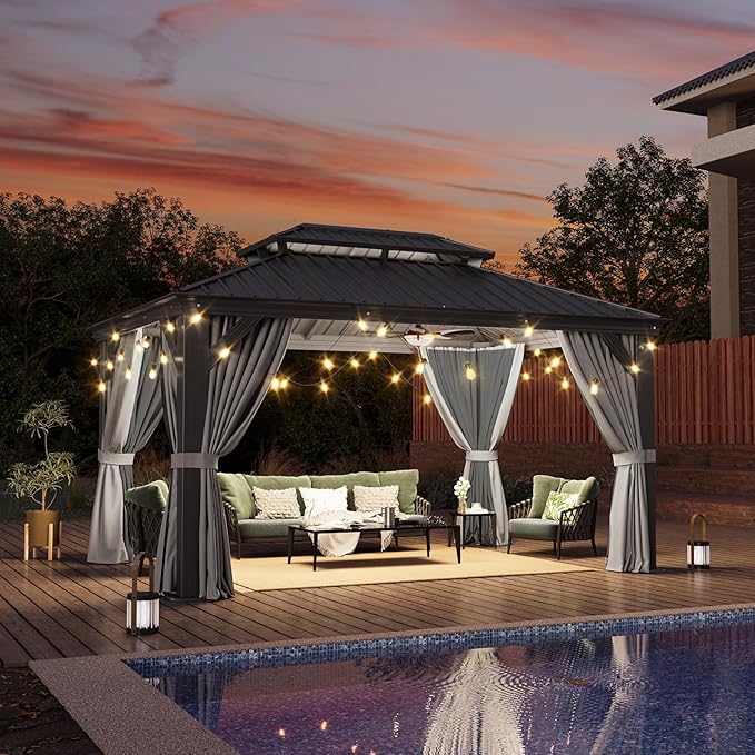Aoxun 10' X 14' Hardtop Gazebo with Drainage System, Aluminum Outdoor Gazebo with Galvanized Steel Double Roof, Patio Permanent Metal Pavilion with Netting, for Garden, Deck, Grey