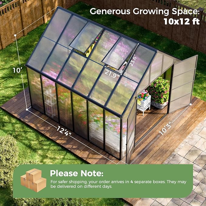 12x10x10 FT Outdoor Greenhouse, Easy Assembly Large Aluminum Polycarbonate Kit, 2 Vent Windows, Swing Door, Walk-in, for Outside, Sunroom, Backyard, Garden