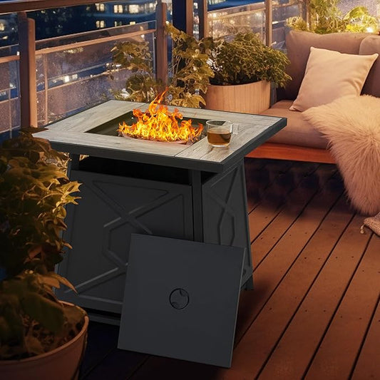 Nuu Garden 28 Inch Outdoor Propane Fire Pit Table, 50,000 BTU Square Gas Fire Table with Ceramic Tabletop, Lid, Cover, Lava Rock for Garden Backyard Party, Black