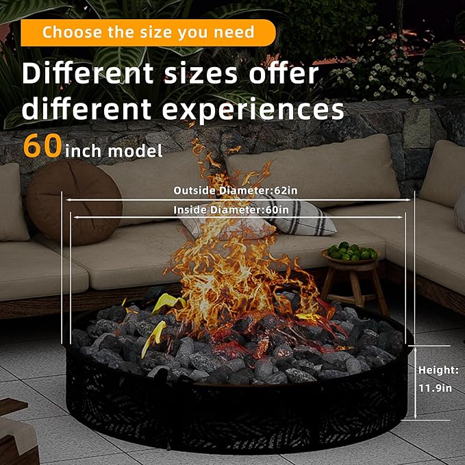 Smokeless Fire Pit Ring, 60 Inch Inner/62 Inch Outer, 11.9" Height, Heavy Duty Metal Fire Ring for DIY Fire Pits, Outdoor Above or In-Ground, Camping Garden Patio Backyard