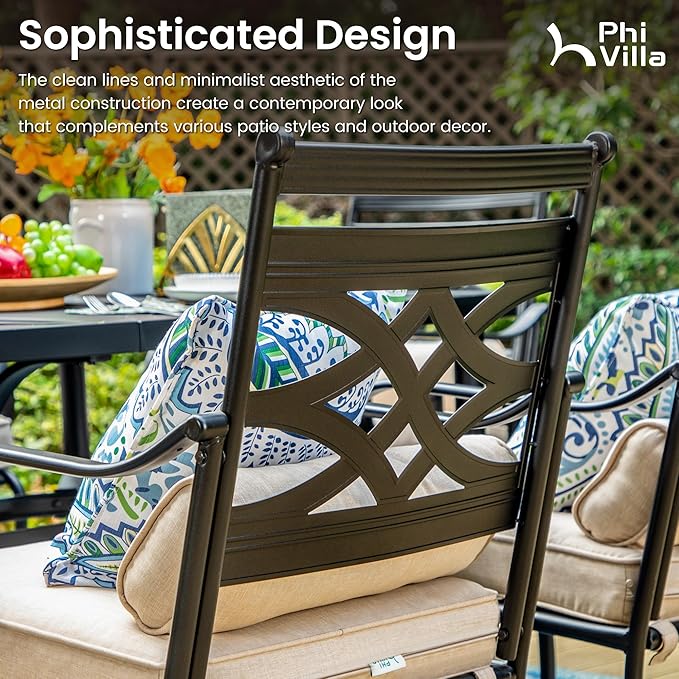 PHI VILLA Outdoor Patio Dining Set for 6 with 15ft Umbrella(Beige),Includes 6 Outdoor Chairs with Cushions and a Metal Rectangular Table, Perfect for Garden, Lawn, or Deck