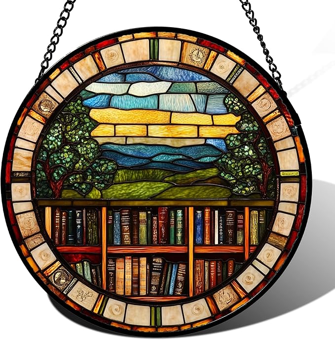 QZQCBLC Stained Glass Window Hanging Retro Books Scenery Large 11.8" - Abstract Suncatcher Door Garden Sun Catcher Home Decor Birthday Christmas for Mom Men Woman Nana Friend Wife