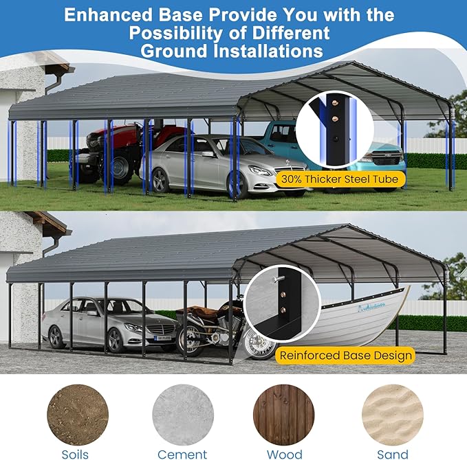 YOLENY Carport 20x30 FT, Heavy Duty Car Port for Garage, Car Shelter with Galvanized Metal Roof and Frame, Easy to Install Outdoor Car Canopy, Expanding Garage Space for Pickup, 2 Cars,Tractors, Gray