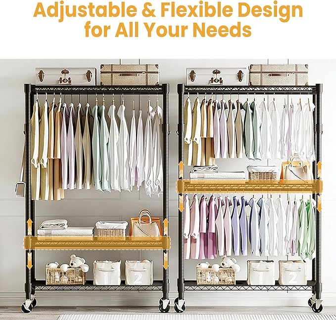 Heavy Duty Rolling Clothes Rack with 22 mm pipes, 694LBS Metal Garment Rack for Hanging Clothes, Freestanding Clothing Racks with Adjustable Storage Shelves Hanging Rod & Side Hooks