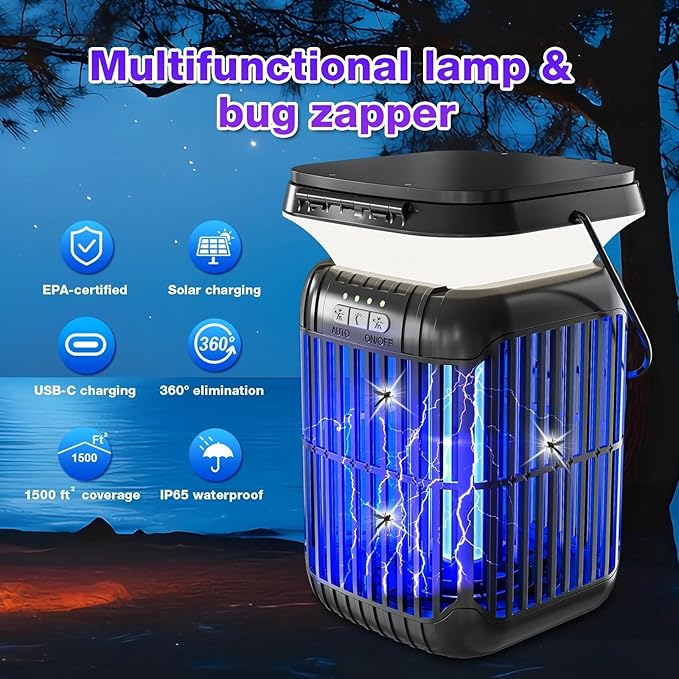 ZENO Dual-Panel Foldable Solar Bug Zapper Outdoor Indoor, 2025 Model Solar Power & USB Rechargeable Mosquito Killer Lantern, Waterproof Pest Control Device, Portable Insect Trap for Home,Yard, Camping